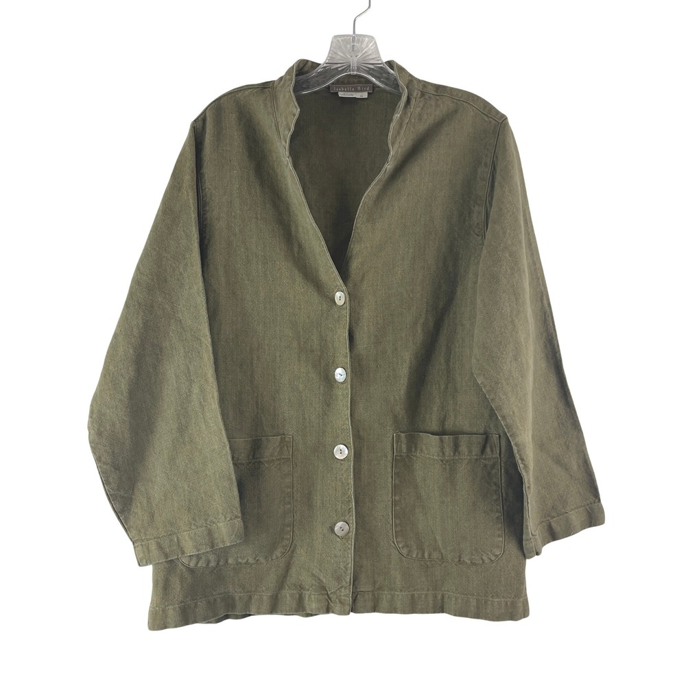 Isabella Bird Linen Jacket Women Medium Green Button Front Lagenlook Coastal